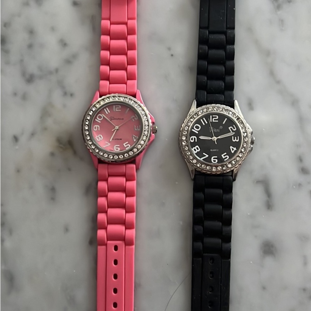 Woman’s watches with rhinestone face - 2 - black and pink bands-